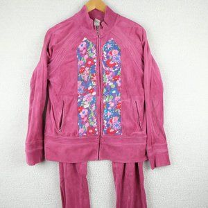 Vintage Velour Track Suit Womens Medium Pink Barbie Sporty Floral 90s Y2K